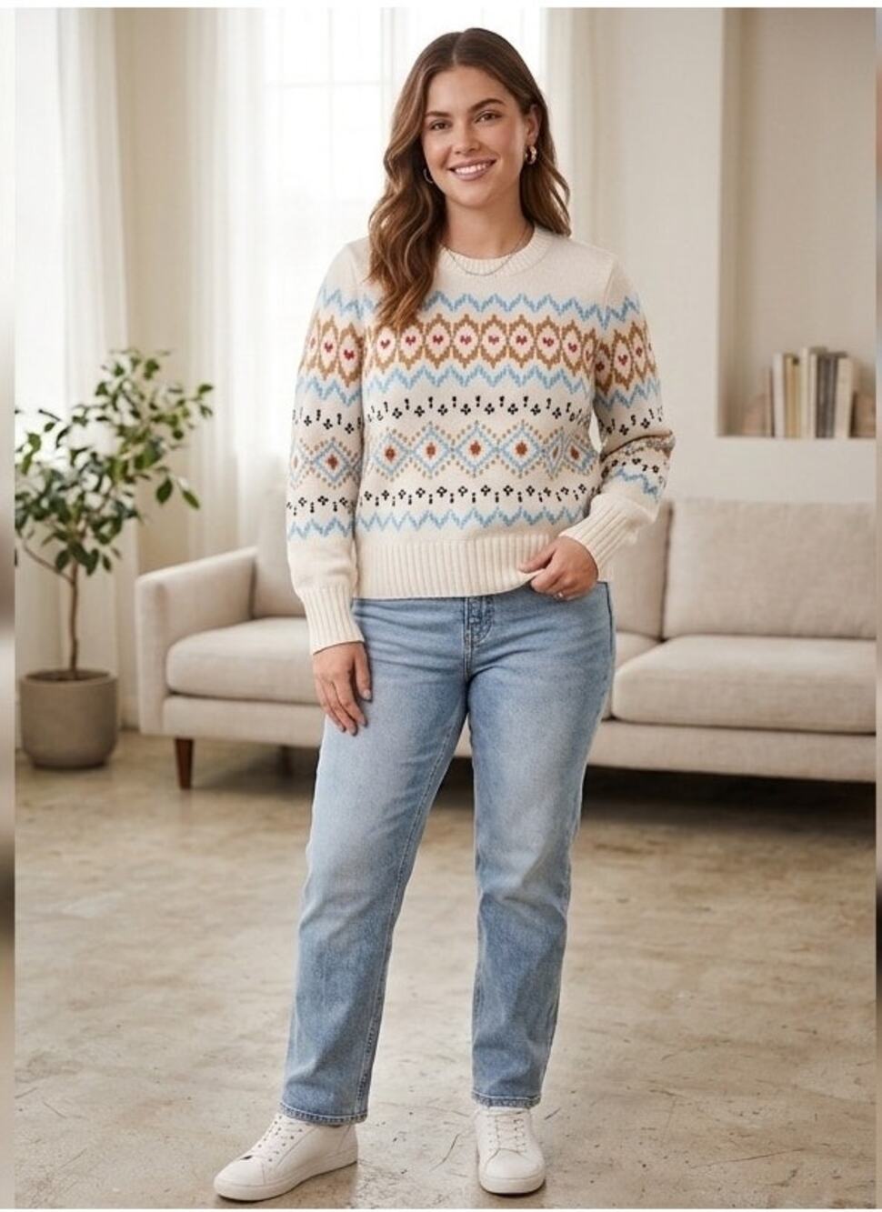Women's Cozy XXL Fair Isle Cream Pullover Sweater by Loft
